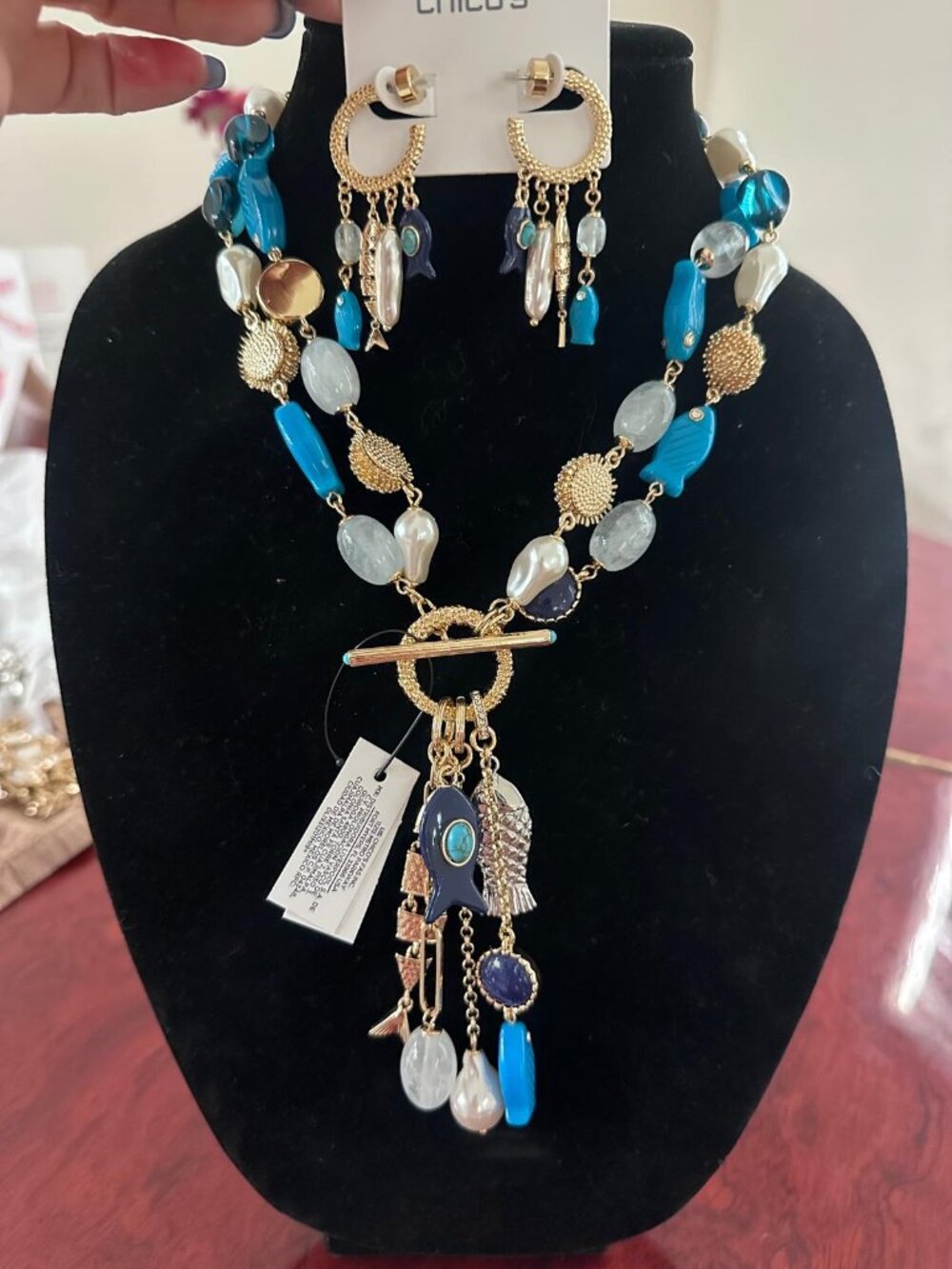 NWT CHICO'S Convertible Turquoise Fish Charm AND matching no droop earrings